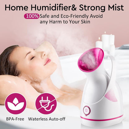 Weißer Gesichtsdampfer mit rosa Akzent, BPA-frei, Wasserlos-Auto-Off, für Hautpflege.