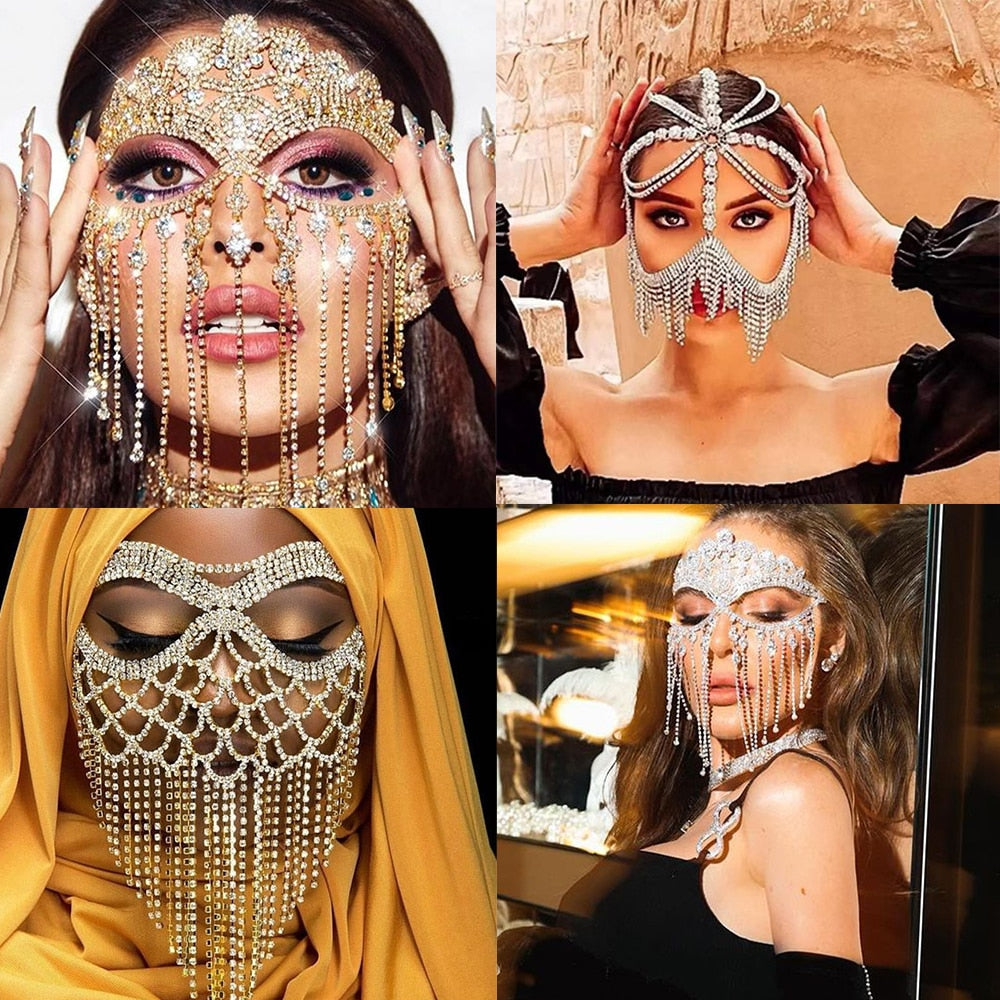 Glamouröse Gesichtsschmuckmasken mit Strasssteinen, funkelnd, modisch, luxuriös, Party-Accessoire.