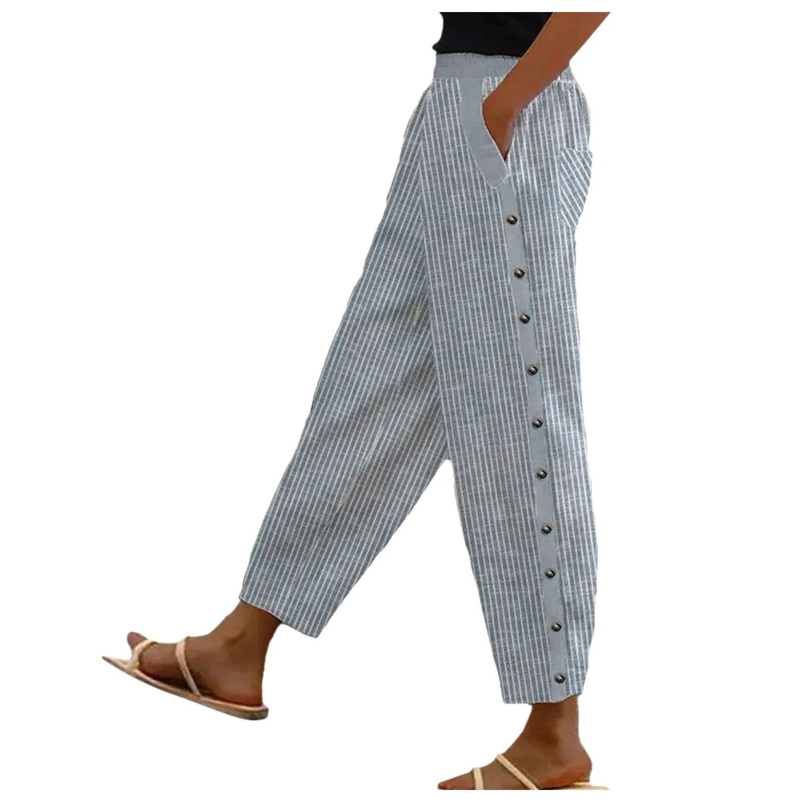 Gestreifte Damen Hose | Zierknöpfen | Hohe Taille | Lockere Schnitt-Blau-S-Luzern Mode