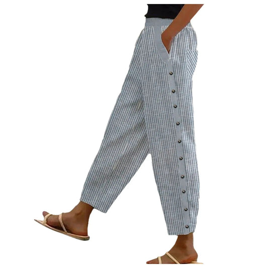 Gestreifte Damen Hose | Zierknöpfen | Hohe Taille | Lockere Schnitt-Blau-S-Luzern Mode