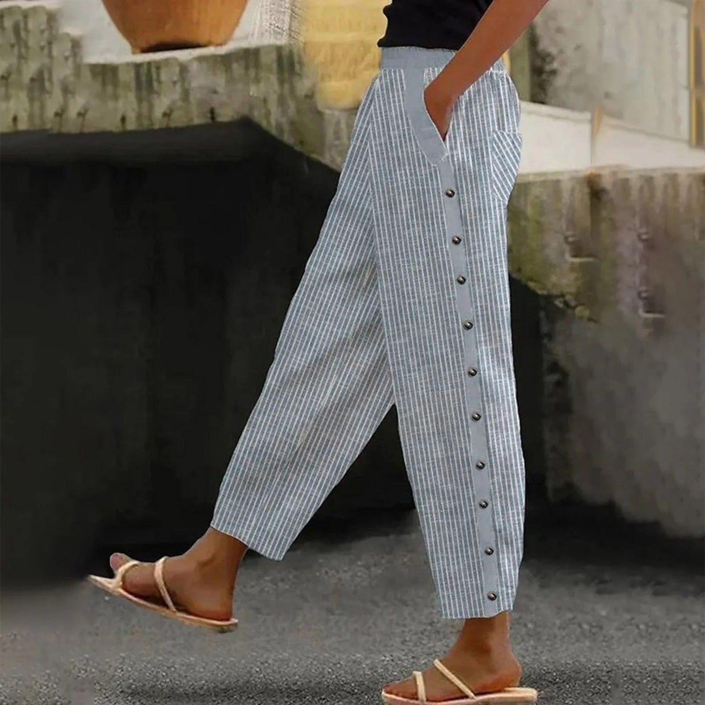 Gestreifte Damen Hose | Zierknöpfen | Hohe Taille | Lockere Schnitt-Luzern Mode