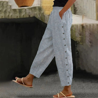 Gestreifte Damen Hose | Zierknöpfen | Hohe Taille | Lockere Schnitt-Luzern Mode