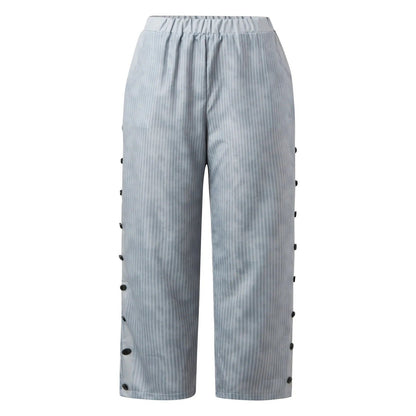 Gestreifte Damen Hose | Zierknöpfen | Hohe Taille | Lockere Schnitt-Luzern Mode