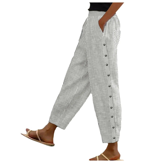 Gestreifte Damen Hose | Zierknöpfen | Hohe Taille | Lockere Schnitt-Grau-S-Luzern Mode