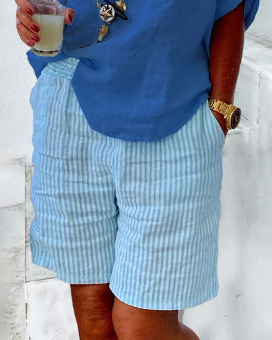 Gestreifte Damen Shorts | Leinen-Baumwolle | Kurzer Schnitt | Taschen-Blau-S-Luzern Mode