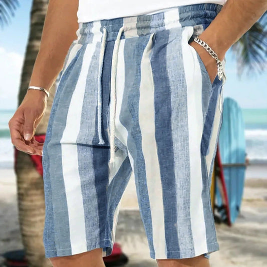 Gestreifte Herren-Shorts, blau-weiß, Leinen, Strandmode, Sommerkleidung, lässig.