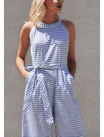 Gestreifter Damen Jumpsuit | Wickelausschnitt | Ärmellos | Knöchellang-Luzern Mode