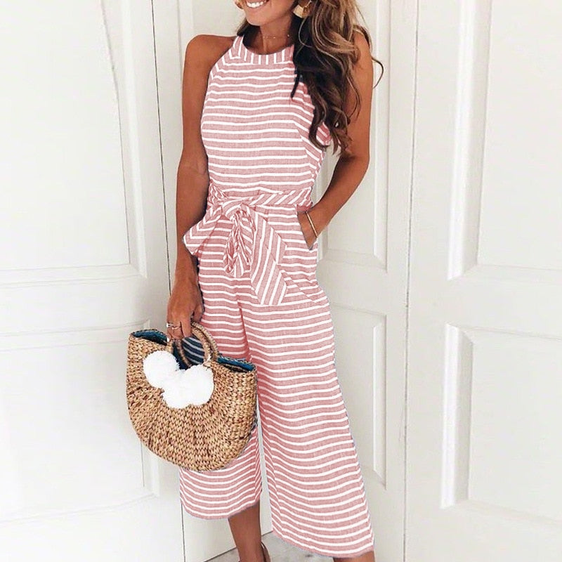 Gestreifter Damen Jumpsuit | Wickelausschnitt | Ärmellos | Knöchellang-Rosa-S-Luzern Mode