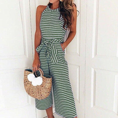 Damen Jumpsuit Sommer | Streifen Look | Weite Beine | V-Ausschnitt Style-Grün-S-Luzern Mode