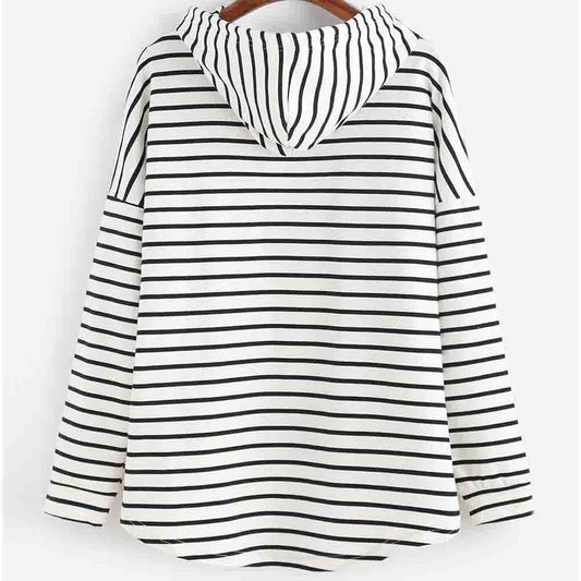 Gestreifter Kapuzenpullover Damen, schwarz-weiß, Baumwolle, lässig, modisch, bequem.
