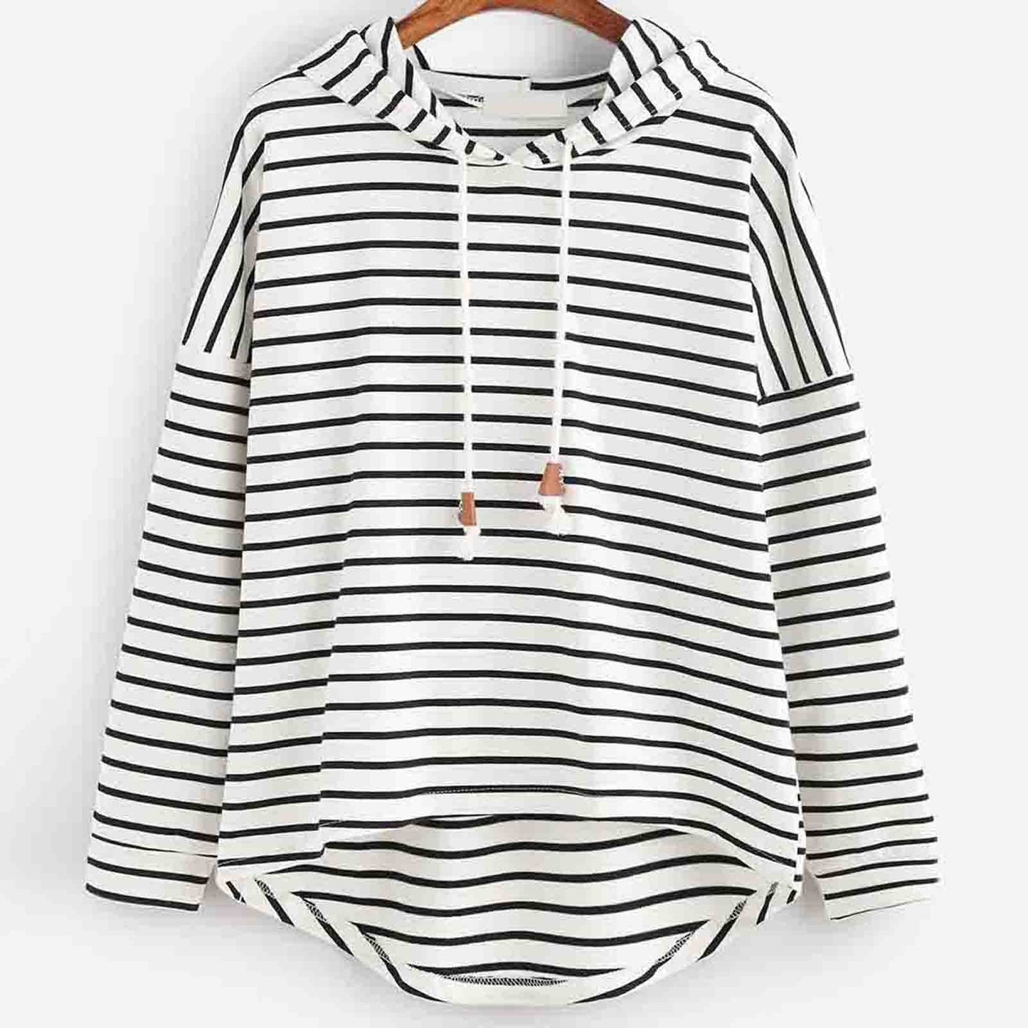 Gestreifter Kapuzenpullover Damen, weiß-schwarz, Baumwolle, lässig, modisch, bequem.