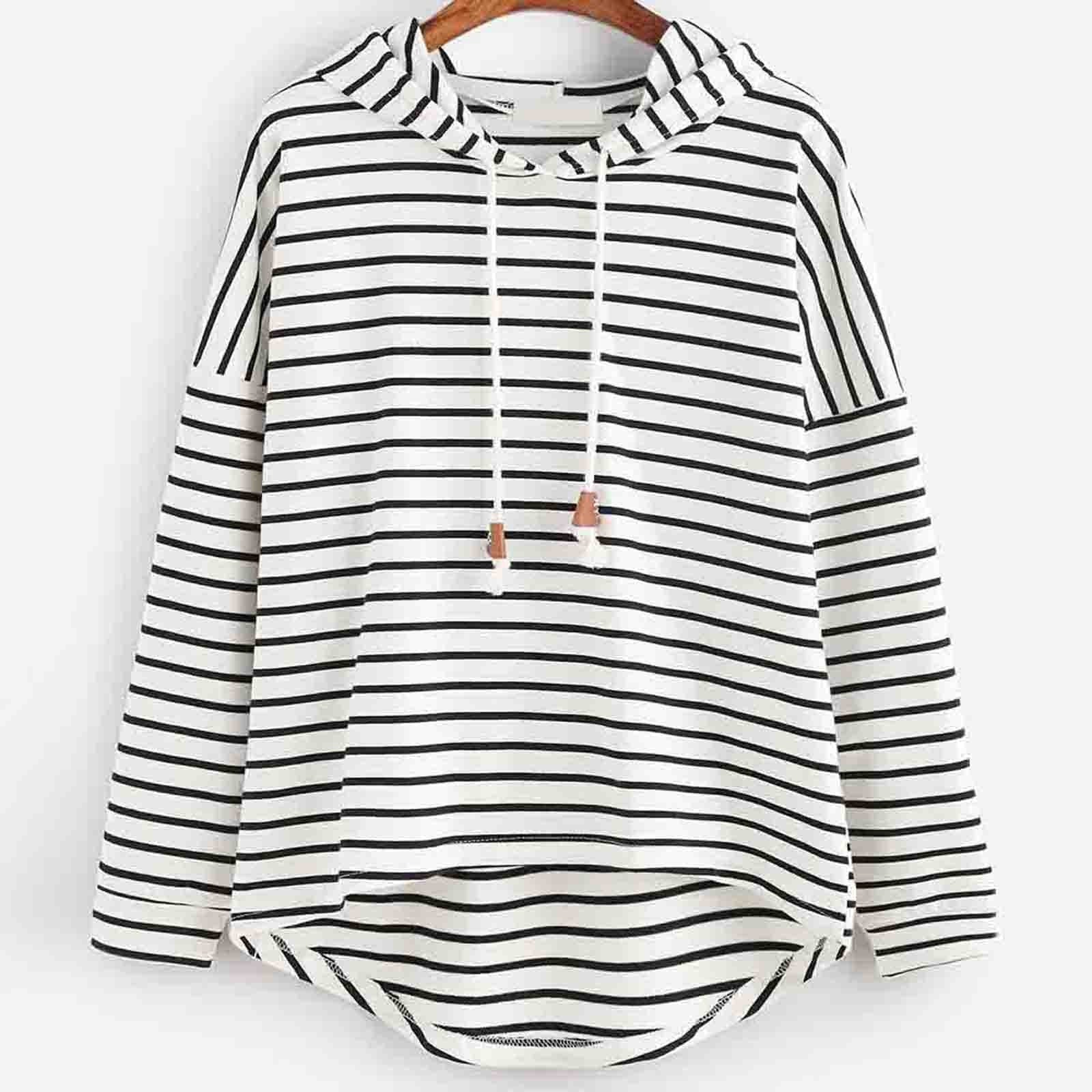 Gestreifter Kapuzenpullover Damen, weiß-schwarz, Baumwolle, lässig, modisch, bequem.
