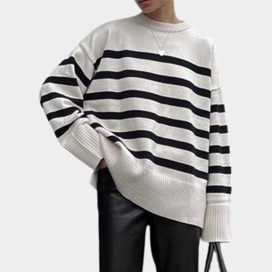 Gestreifter Pullover Damen, schwarz-weiß, Baumwolle, lässig, modisch, Herbstmode.
