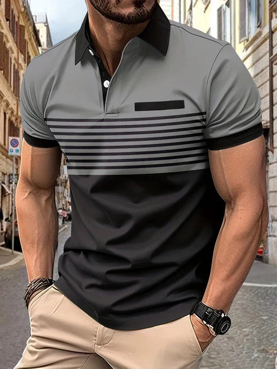 Herren Polohemd | Kurze Ärmel | Knopfleiste | Kragen | Gestreift-Grau-XS-Luzern Mode