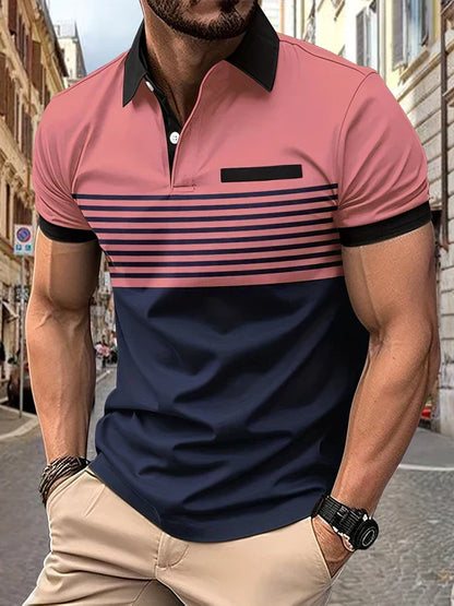 Herren Polohemd | Kurze Ärmel | Knopfleiste | Kragen | Gestreift-Rosa-XS-Luzern Mode