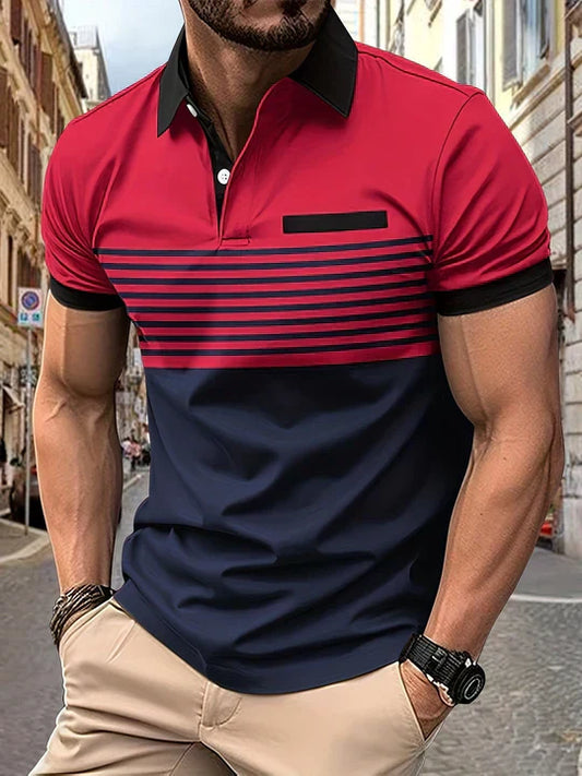 Herren Polohemd | Kurze Ärmel | Knopfleiste | Kragen | Gestreift-Weinrot-XS-Luzern Mode