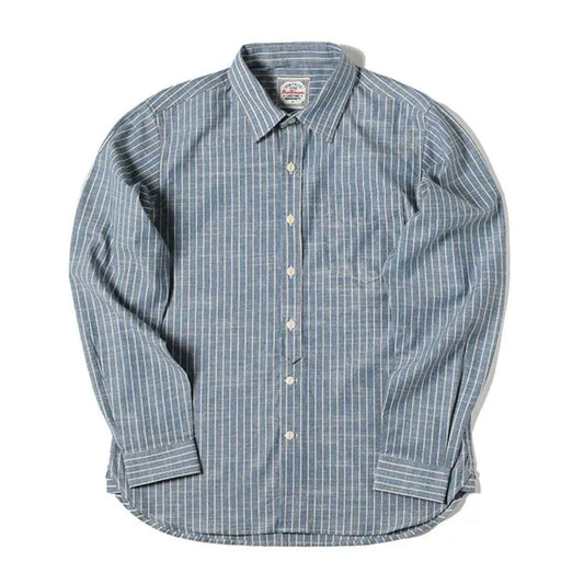 Blau-weiß gestreiftes Herrenhemd, langärmelig, Baumwolle, klassischer Kragen, Freizeitmode.