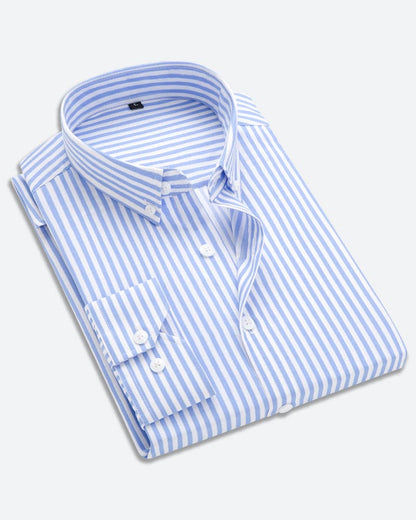 Gestreiftes blau-weißes Baumwollhemd, formell, langärmelig, Business, Herrenmode.