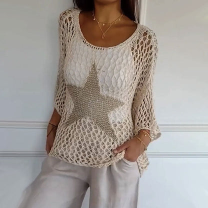Häkel Netzshirt Damen | Sommer Top | Mesh Look | Trendy Festival Style | Atmungsaktiv-Apricot-M-Luzern Mode
