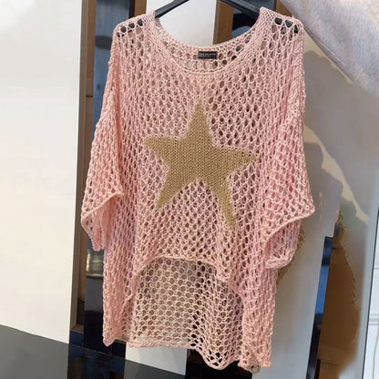 Häkel Netzshirt Damen | Sommer Top | Mesh Look | Trendy Festival Style | Atmungsaktiv-Luzern Mode