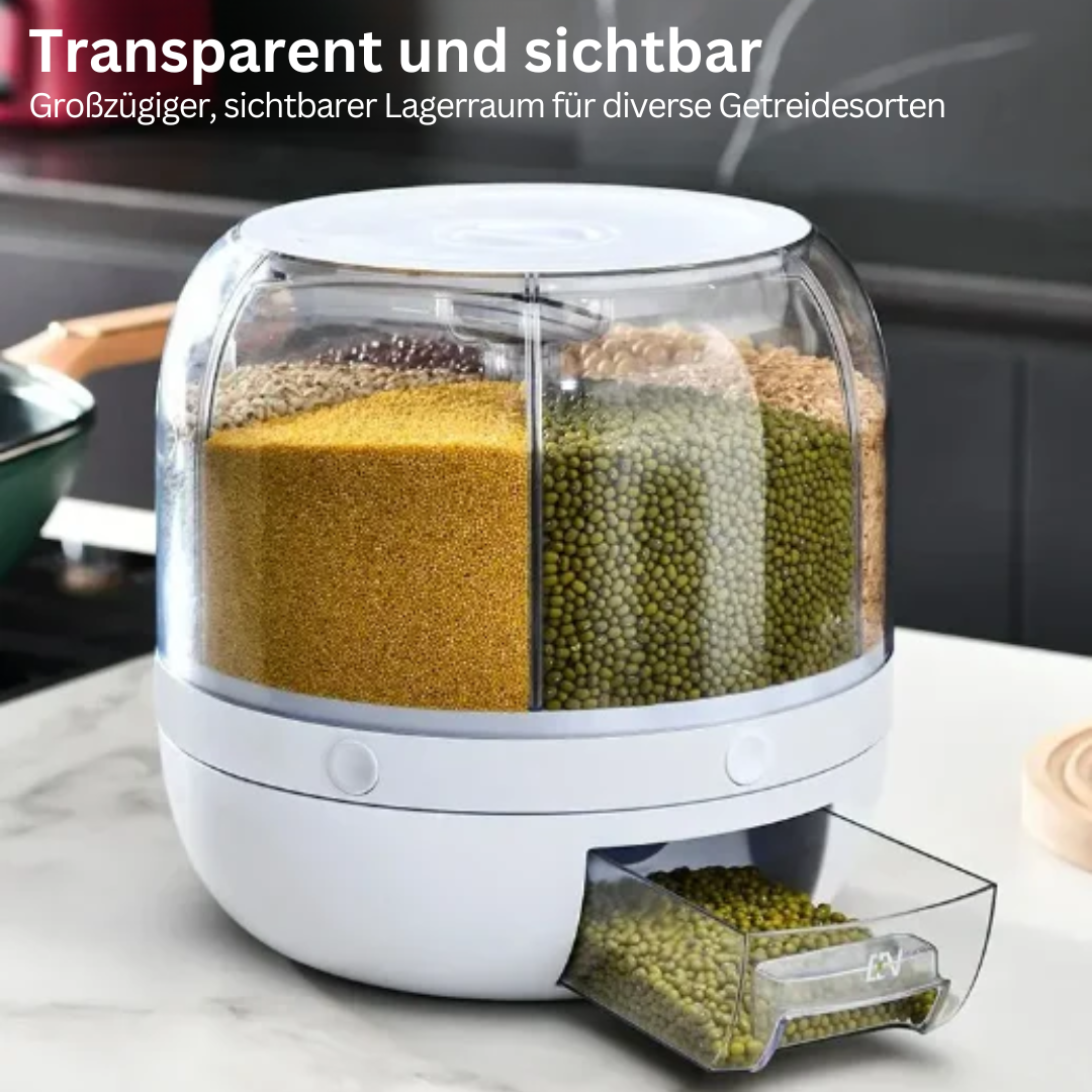 Transparenter Getreidespender, weiß, mit Schublade, für verschiedene Getreidesorten, Küche.