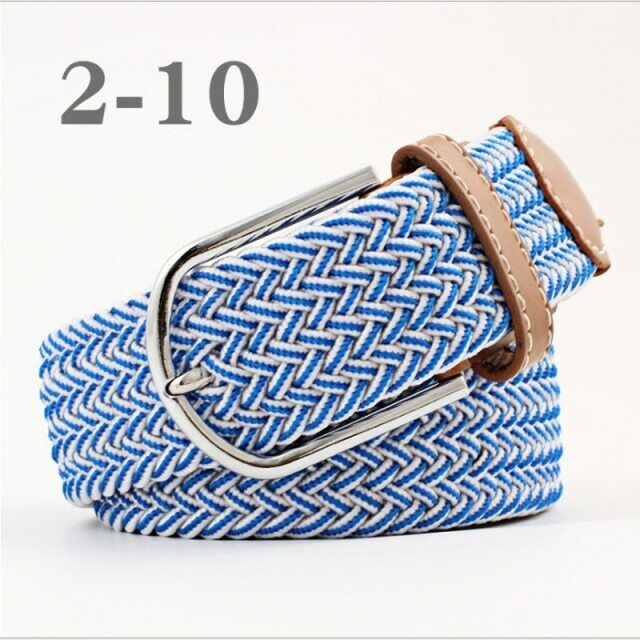 Geflochtener Gürtel blau-weiß, elastisch, mit silberner Schnalle, Unisex-Accessoire.