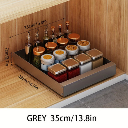 Graue Gewürzschublade 35cm, gefüllt mit Gewürzgläsern, Holzregal, Küche, Aufbewahrungslösung.
