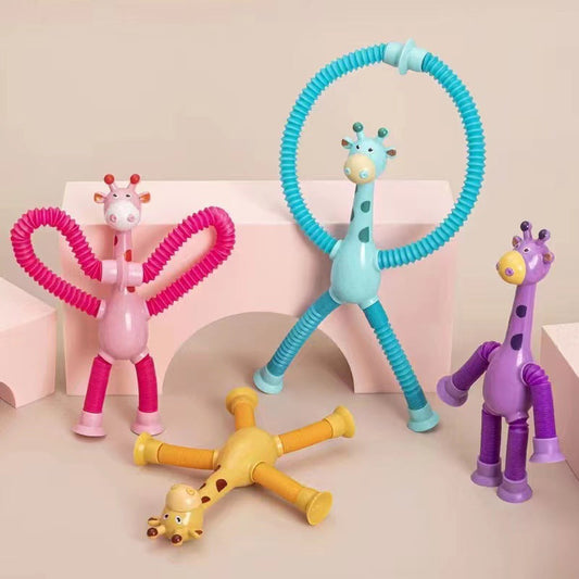 Bunte biegsame Giraffen-Spielzeuge aus Kunststoff, Kinderzimmer-Dekoration, Set aus vier.