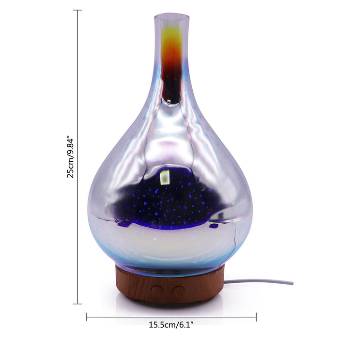 Glas-Aromadiffuser mit Holzsockel, LED-Beleuchtung, 25 cm hoch, 15,5 cm Durchmesser, modern.