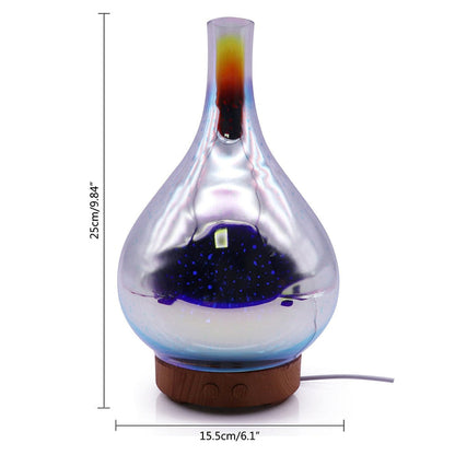 Glas-Aromadiffuser mit Holzsockel, LED-Beleuchtung, 25 cm hoch, 15,5 cm Durchmesser, modern.