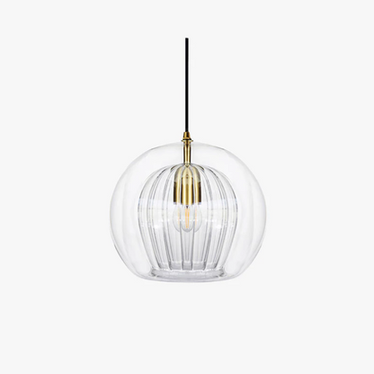 Kugelförmige Glas-Pendelleuchte, transparent, mit schwarzem Kabel, modernes Design.