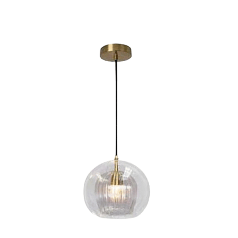 Moderne Glas-Pendelleuchte, transparent, mit goldener Fassung, ideal für Wohnzimmerbeleuchtung.
