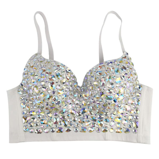 Weiße BH mit glitzernden Kristallen, Push-up, verstellbare Träger, Damenunterwäsche.
