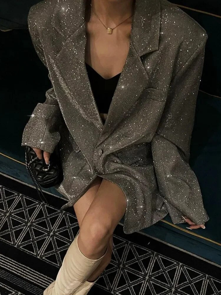 Funkelnder Damen-Paillettenblazer, silber, elegantes Design, lange Ärmel, modisch.