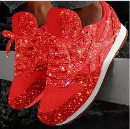 Rote glitzernde Damen-Sneaker, vulkanisiert, chunky, modisch, 2023, Höhe erhöhend.