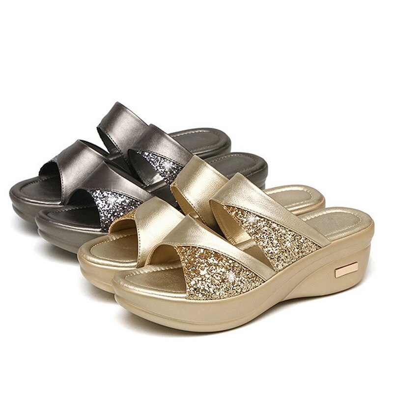 Damen Sandalen, gold und silber, Glitzer, Plateau, bequem, modisch, Sommer, rutschfest.
