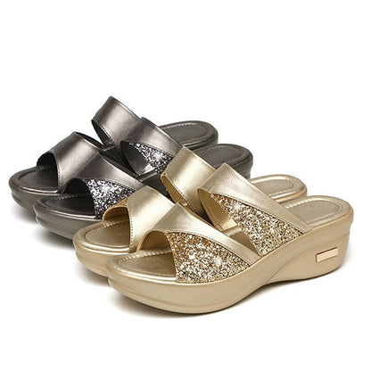 Damen Sandalen, gold und silber, Glitzer, Plateau, bequem, modisch, Sommer, rutschfest.