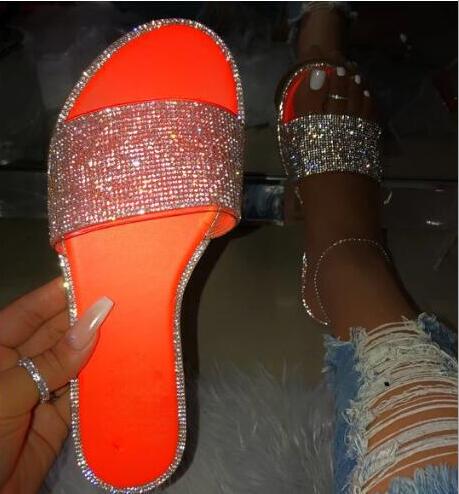 Damen Sandalen, orange, glitzernd, Strass, modisch, Sommer, bequem, flach, elegant.