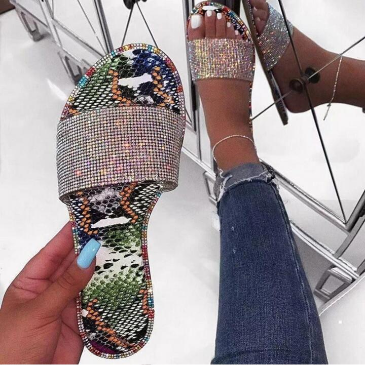Bunte Damen-Sandalen mit Strass, Schlangenleder-Optik, modisch, bequem, Sommermode.
