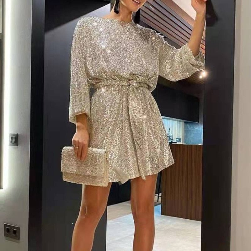 Funkelndes silbernes Paillettenkleid, Mini, mit Gürtel, elegantes Partykleid für Damen.