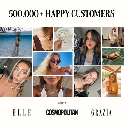 Collage von Frauen mit Atolea-Schmuck, 500.000+ zufriedene Kunden, Mode, Accessoires.