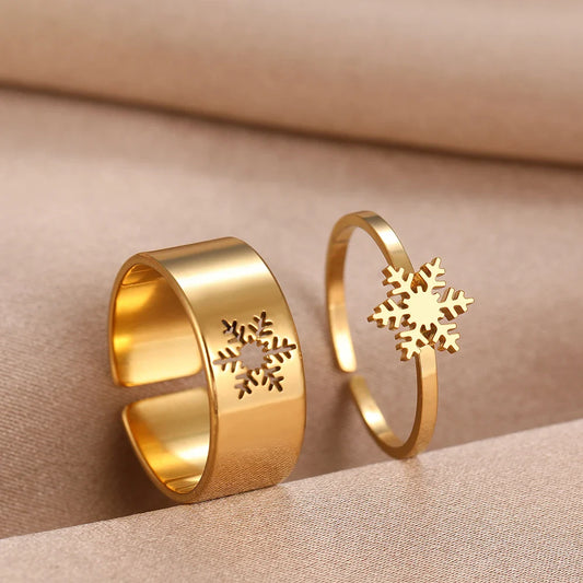 Goldene Schneeflockenringe, Edelstahl, modisch, Damen, Schmuck, Geschenkideen, Set
