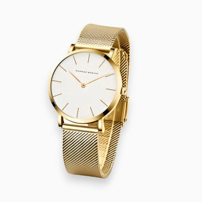 Goldene Armbanduhr mit weißem Zifferblatt, elegantes Design, Mesh-Armband, Damenuhr.