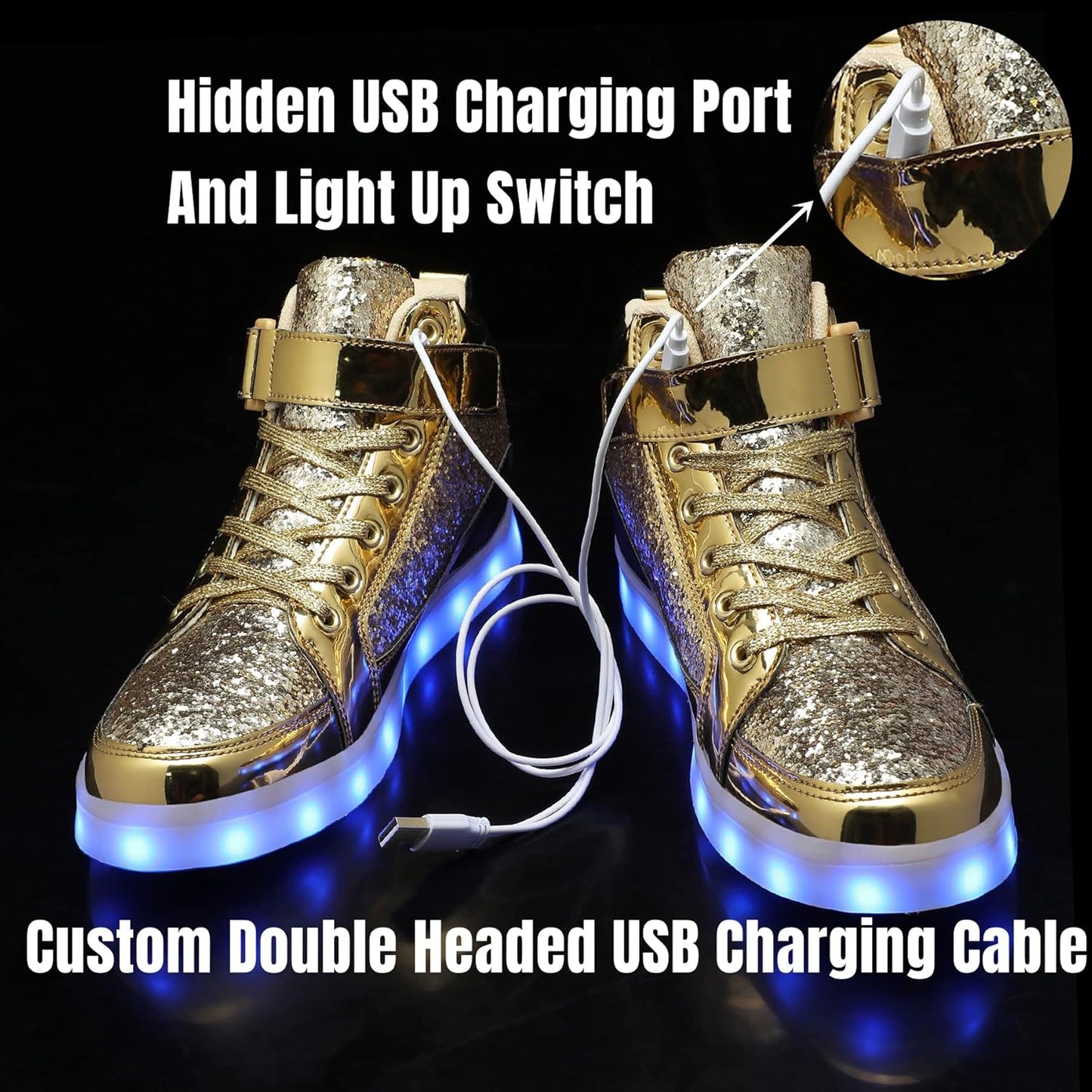 Goldene LED-Sneaker mit USB-Ladeanschluss und leuchtender Sohle für Kinder und Erwachsene.