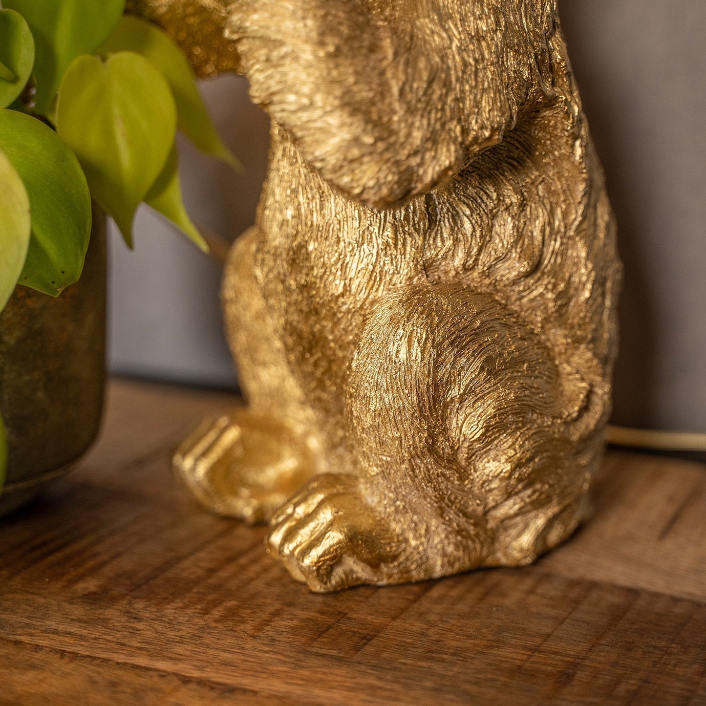 Goldene Affen-Tischlampe, dekorativ, 34 cm, auf Holztisch neben Pflanze.