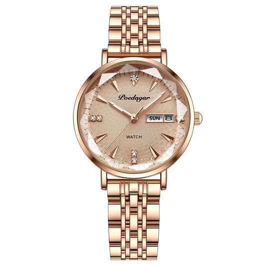 Luxus-Damenarmbanduhr in Roségold mit Datumsanzeige, Edelstahlarmband, elegantes Design.