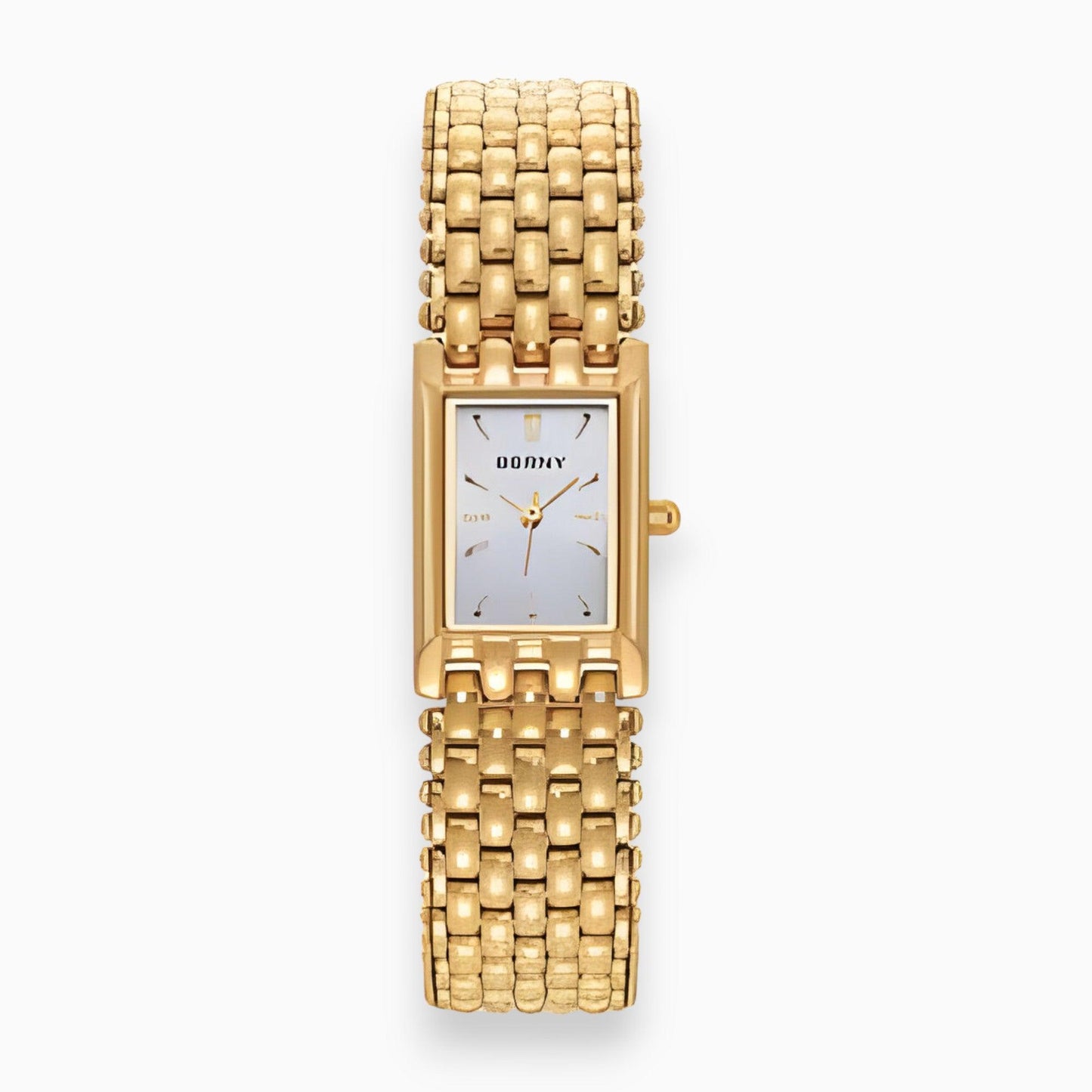 Goldene rechteckige Armbanduhr, Metallarmband, elegantes Design, Damenuhr, Luxusaccessoire.