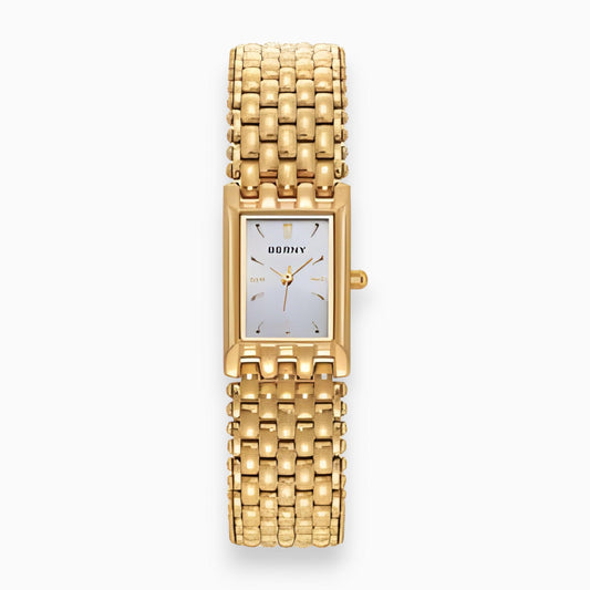 Goldene rechteckige Armbanduhr, Metallarmband, elegantes Design, Damenuhr, Luxusaccessoire.
