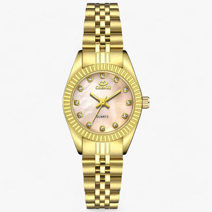 Goldene Damenarmbanduhr mit Perlmuttzifferblatt und Strasssteinen, elegantes Design.
