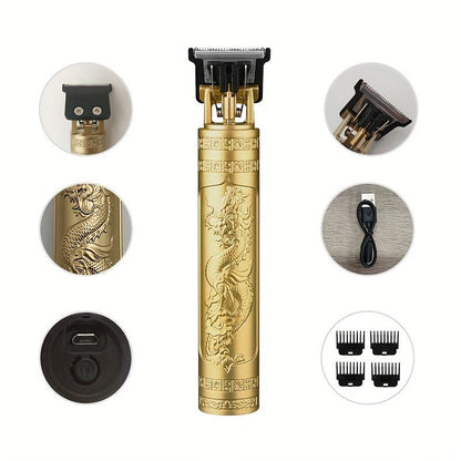 Goldener Haarschneider mit Drachenmuster, USB-Ladekabel, Aufsätze, präzise Bartpflege.